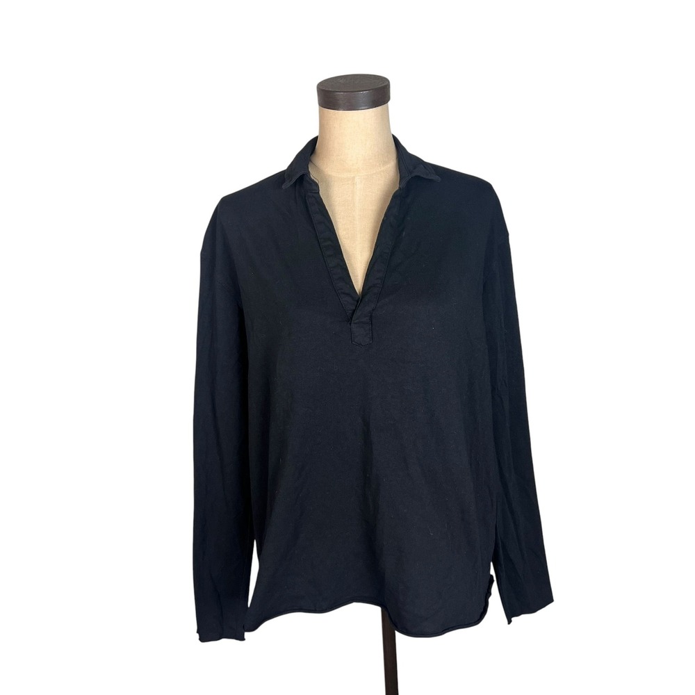 Frank & Eileen Black Long Sleeve V-Neck Polo Jersey Cotton Top Size L